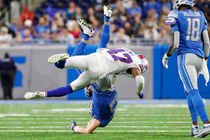 Bills CB Cam Lewis (47) makes a tackle.